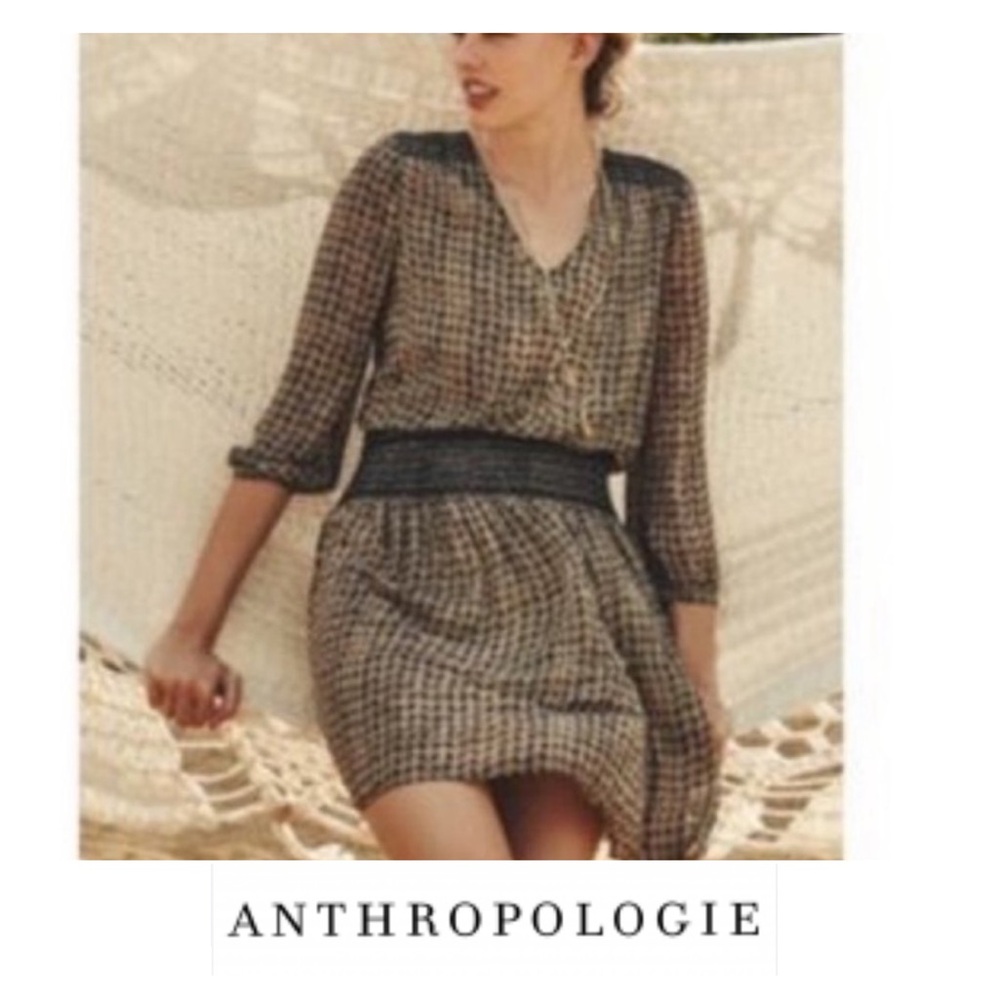 Anthropologie Vanessa Virginia Tan and Black Smocked Waist Dress